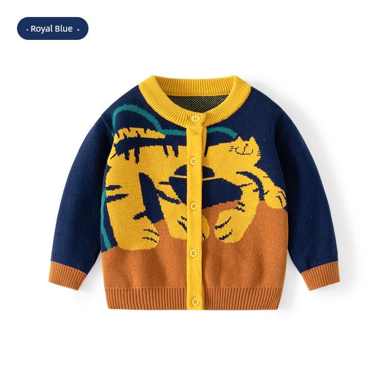 Spring & Fall Little Tiger Contrasting Color Jacquard Children's Cardigan Girl Round Neck Pure Cotton Knitwear Boy Sweater Coat