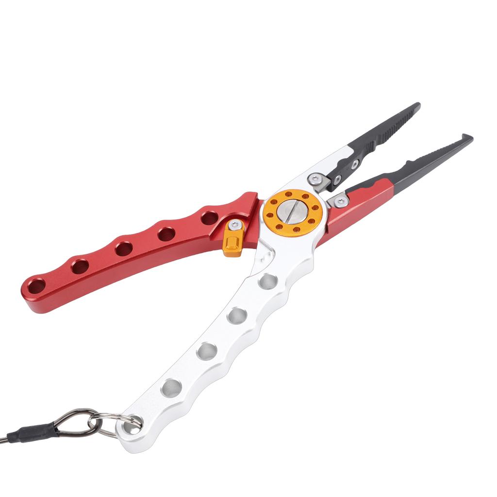 Multifunctional Aluminum Alloy Lure Pliers Fishing Tool with Non-Slip Grip Deep Throat Hook Removal for Anglers Red Silver