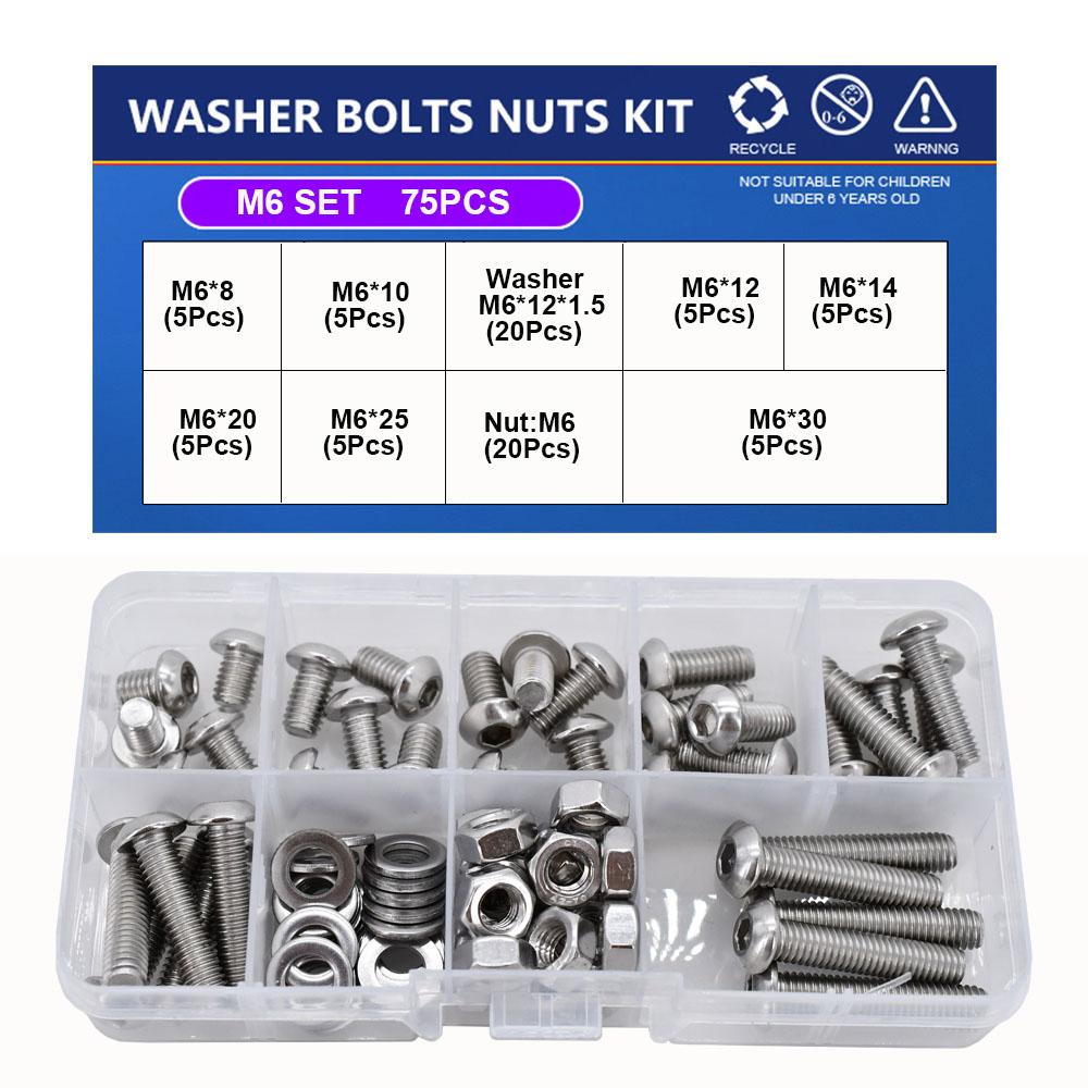 M2 M3 M4 M5 M6 Hex Socket Screw Nut Washer Set Hexagon Metric Thread Machine Allen Bolt Assortment Kit 304 Stainless Steel Screw