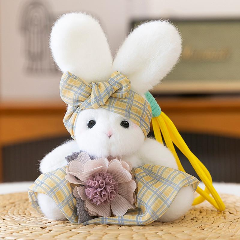 Cartoon Cute Plaid Skirt Rabbit Holding Flower Plush Toy Pendant Keychain