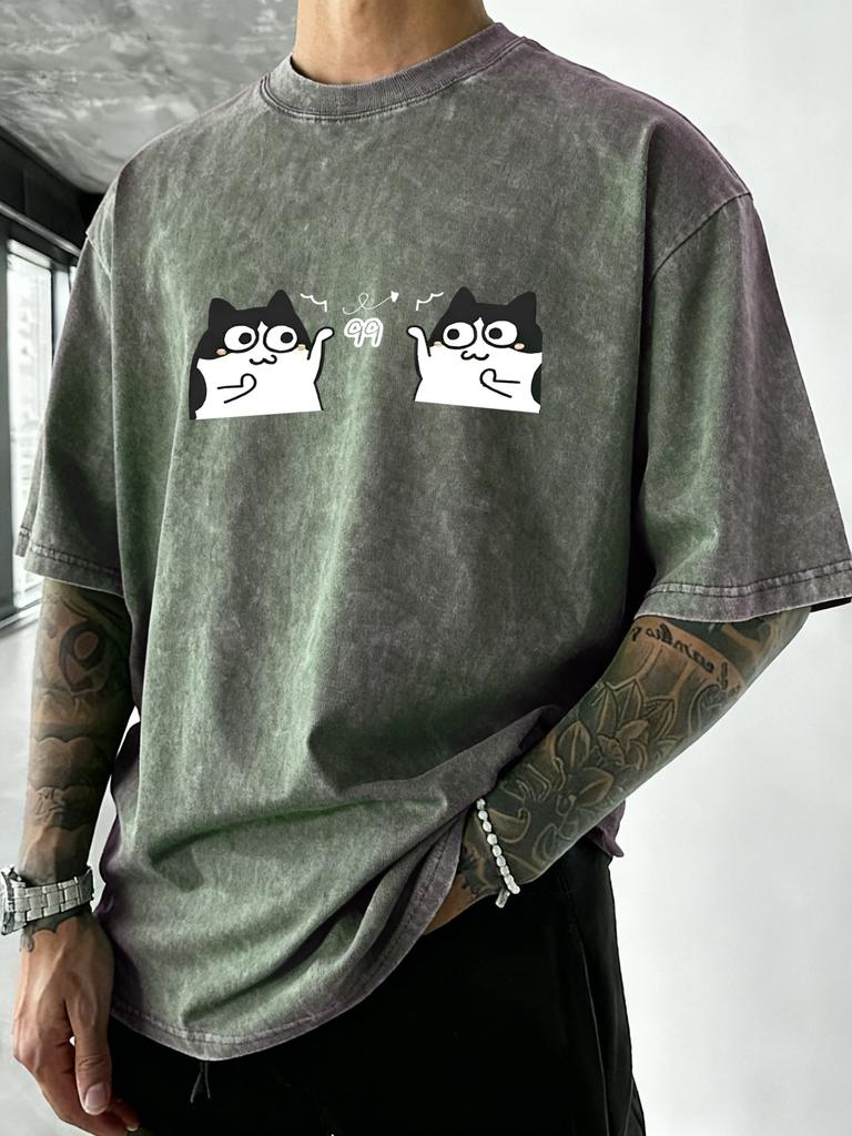 Cute Cartoon Cats Print Men Washed TShirts Cotton Vacation T Shirt Loose Soft Short Sleeves Summer Crewneck Man Streetwear