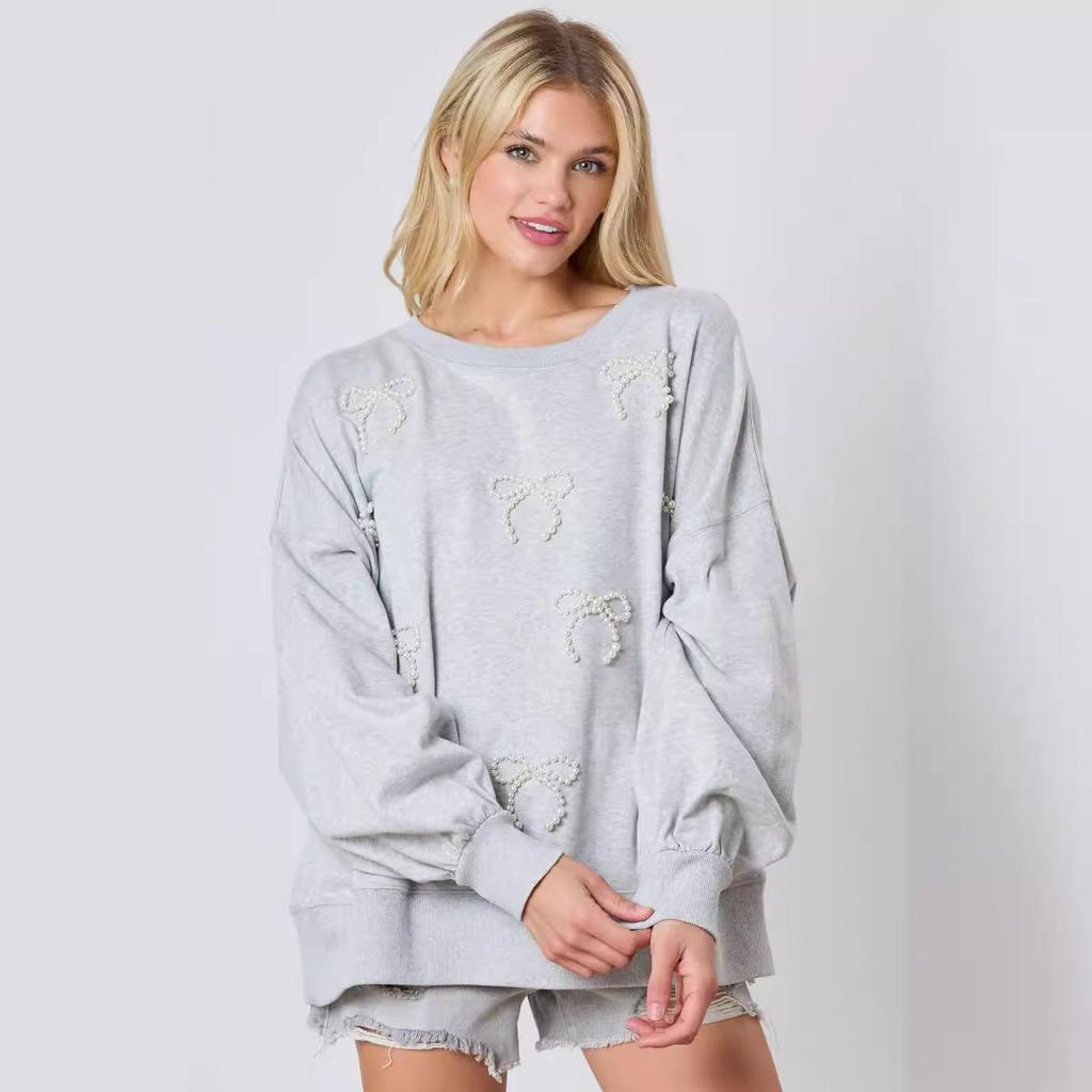 Autumn and Winter New Women's Clothing Pearl Bow Decorative Long-sleeved Top Casual Sweater