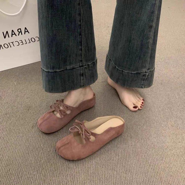 Retro Mori round head bow inner heightening bag head half slippers summer outer wear wedge heel Muller shoes