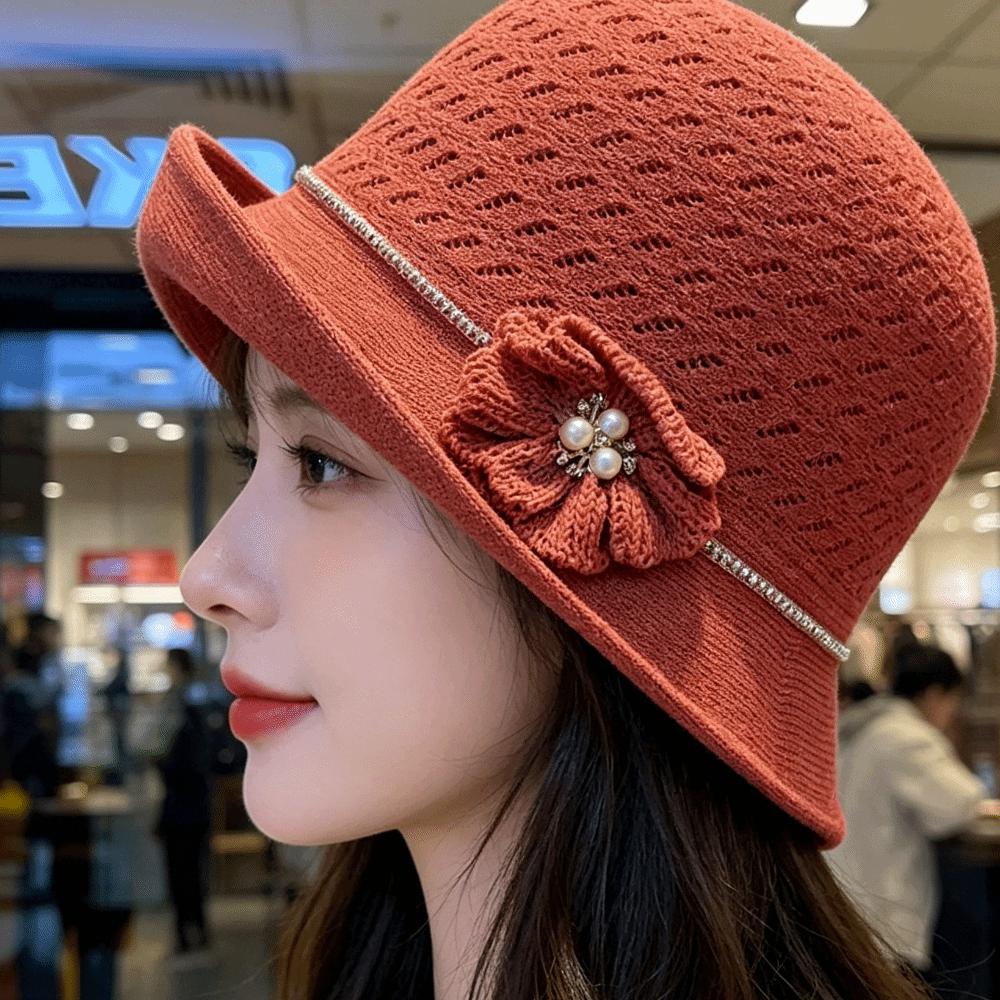 Round-Top Sun Hat Polyester Bucket Hat High-End Hepburn-Style Middle-aged Mother Hat Vacation