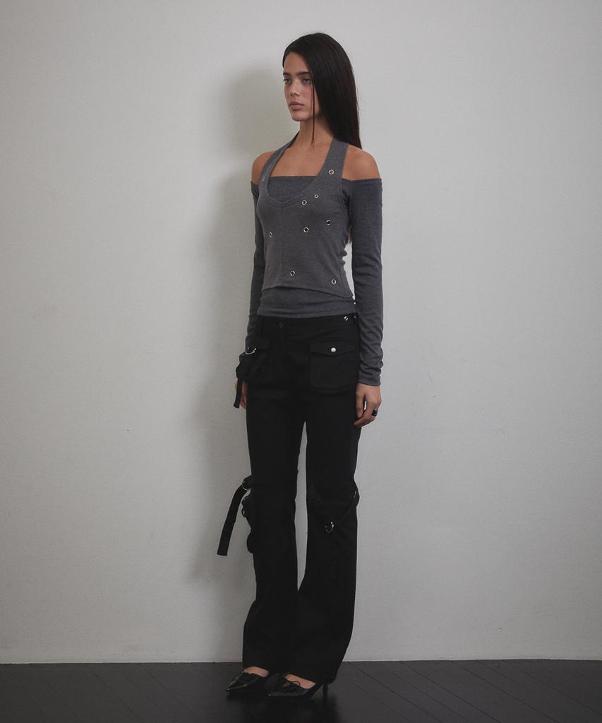 Bunteu Eyelet Halter Long Sleeve (Charcoal)