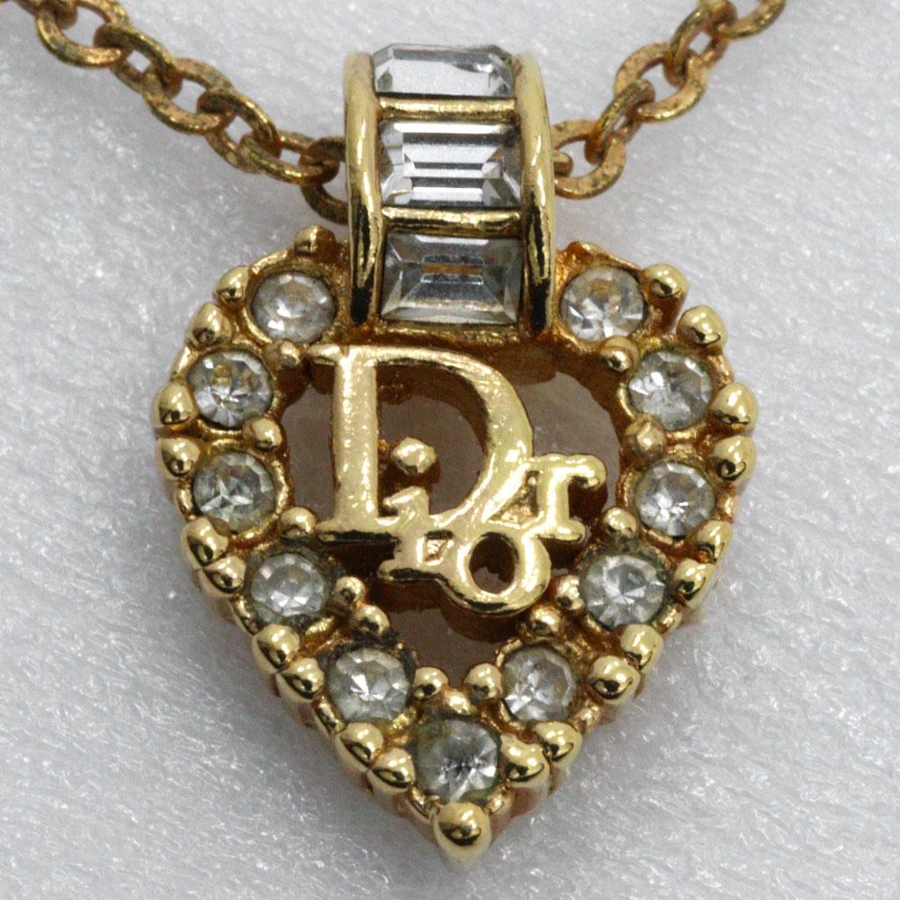 Dior Logo heart Necklace Plated Gold/Rhinestone heart 6.1g Women Used