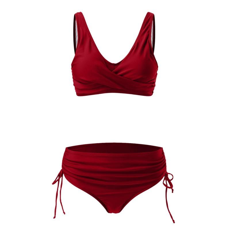 New solid color cross-strap sexy halter split high-waisted bikini swimsuit S