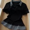 Vintage Lapel T-shirt Fake Two-piece Short-sleeved Tees Fashionable College Style Polo Collar Uniform T-shirt Patchwork Slim