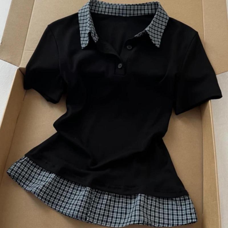 Vintage Lapel T-shirt Fake Two-piece Short-sleeved Tees Fashionable College Style Polo Collar Uniform T-shirt Patchwork Slim