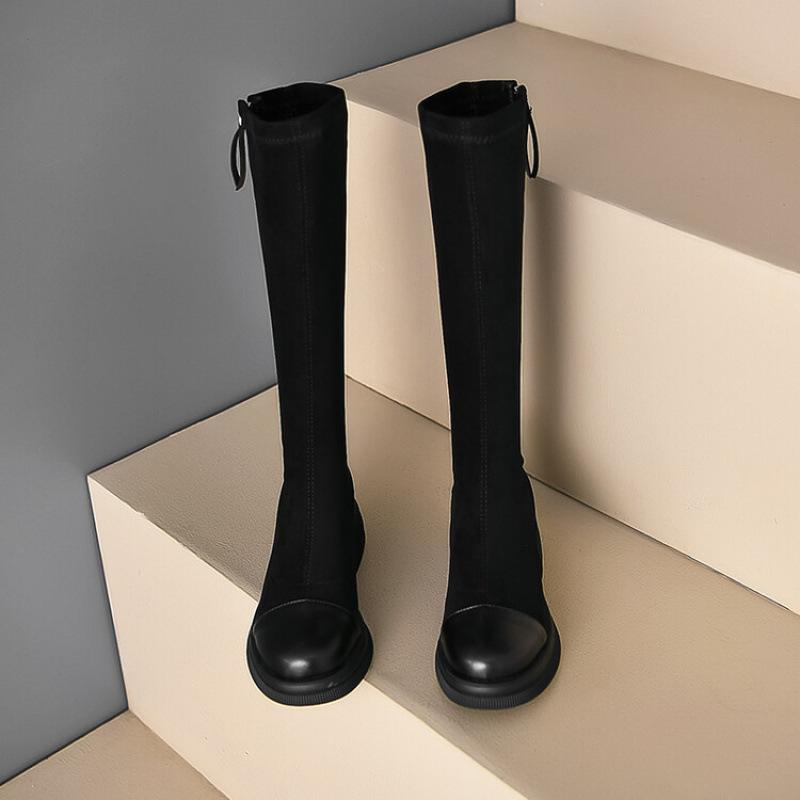 Autumn and Winter European and American Suede High Boots Women's Thick-soled Non-slip Large-size Women's Boots Rear Zipper Middle Heel New Knight 