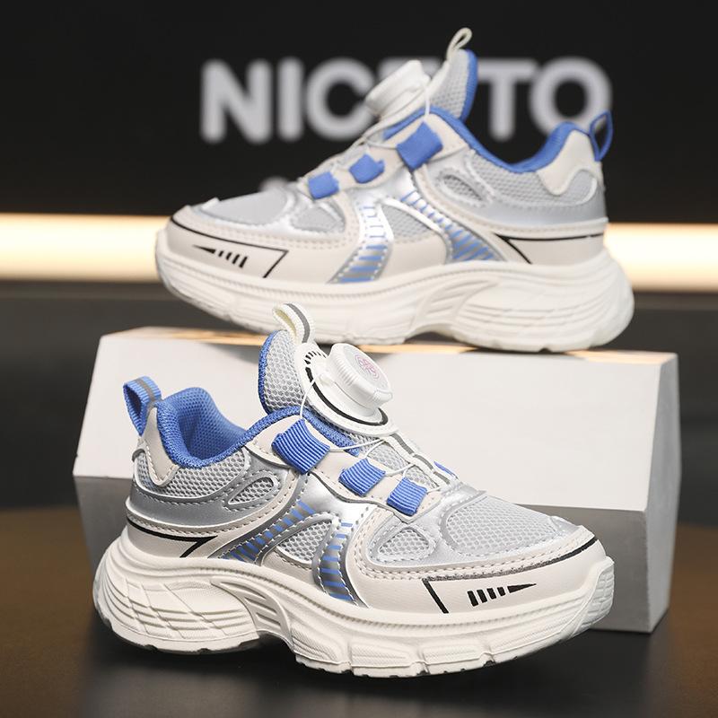 Spot classmates rotating buckle sneakers, primary school students cushioning rebound running shoes, double mesh basketball shoes