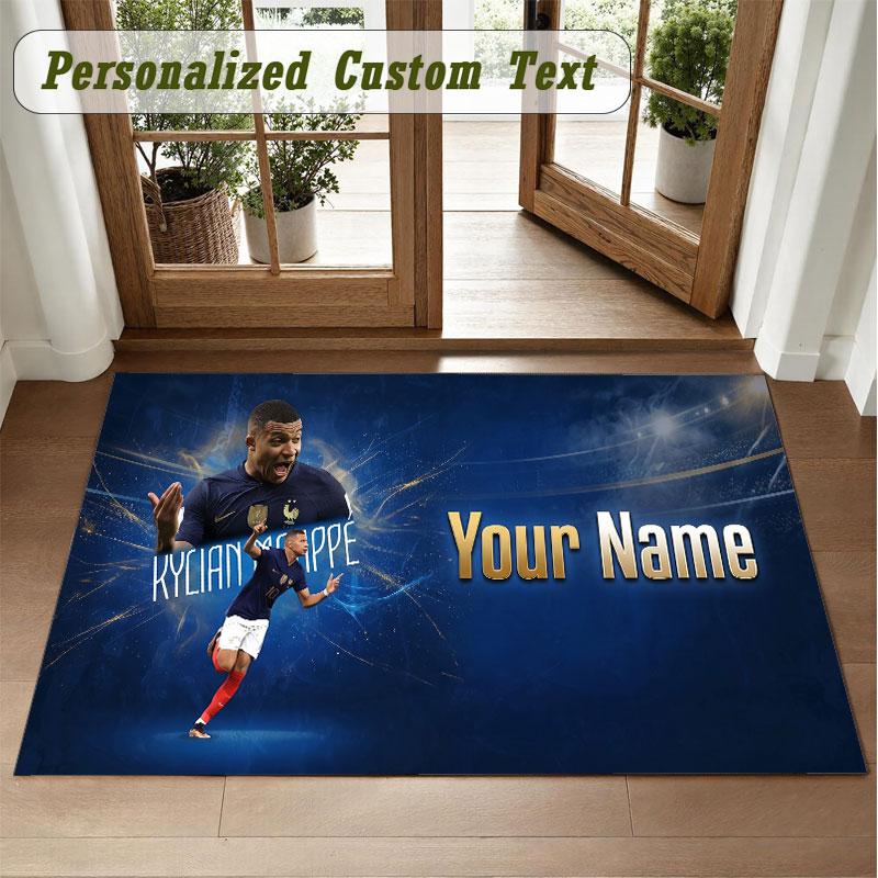 Crystal Velvet Square Rug Custom NameKylian Mbappe Pattern Non Slip Home Floor Decor Rug