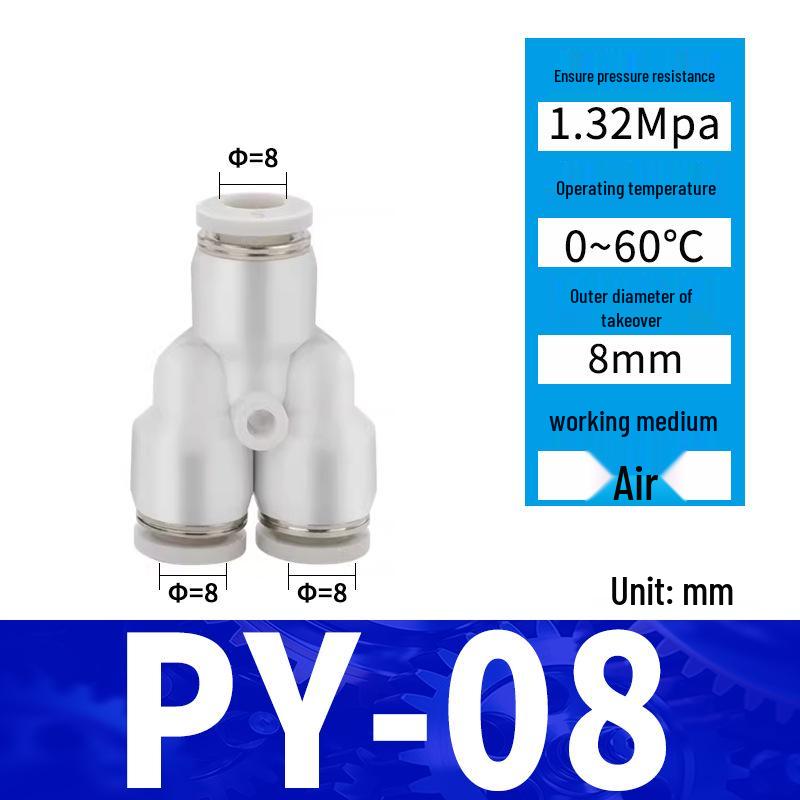 Pneumatic Nylon Air Hose Quick Connect Fittings: PU Straight, PY 5-Way, Cross 4-Way, PZA 3-Way, PE Connector with White/Blue Cap
