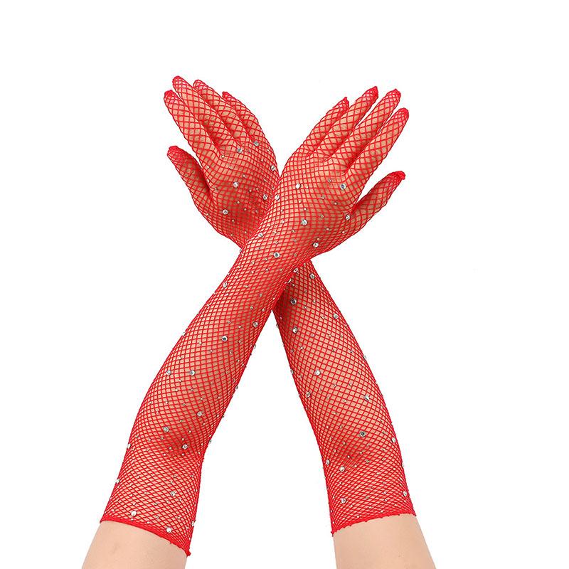 Mode Diamant Glänzend Netz Handschuhe Hohl Atmungsaktiv Damen Sexy Hohe Elastizität Fischgräten Netz Handschuhe Halloween Party Karneval Cosplay One Size red