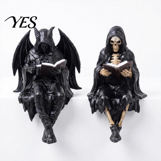 Scultura Diavolo Lettore Halloween Scheletro Statuetta Libro, Scultura Resina Spettrale, Ornamento Gotico Statua Mietitore con Veste Nera per Casa Ufficio