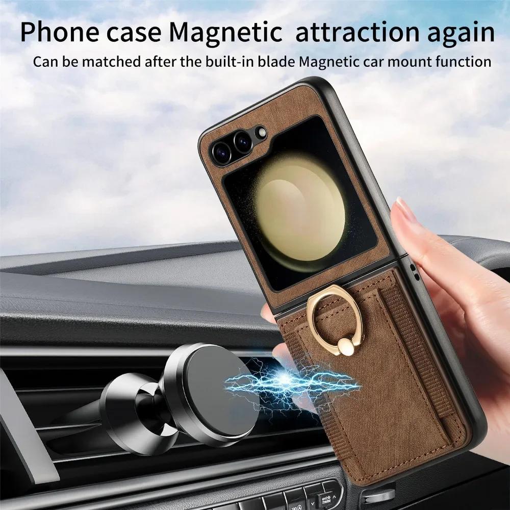 Retro PU Leather Cover for Samsung Z Flip 6 5 4 3 2 Flip6 Flip5 Flip4 Flip3 Flip2 5G Ring Card Slot Holder Wallet Phone Case