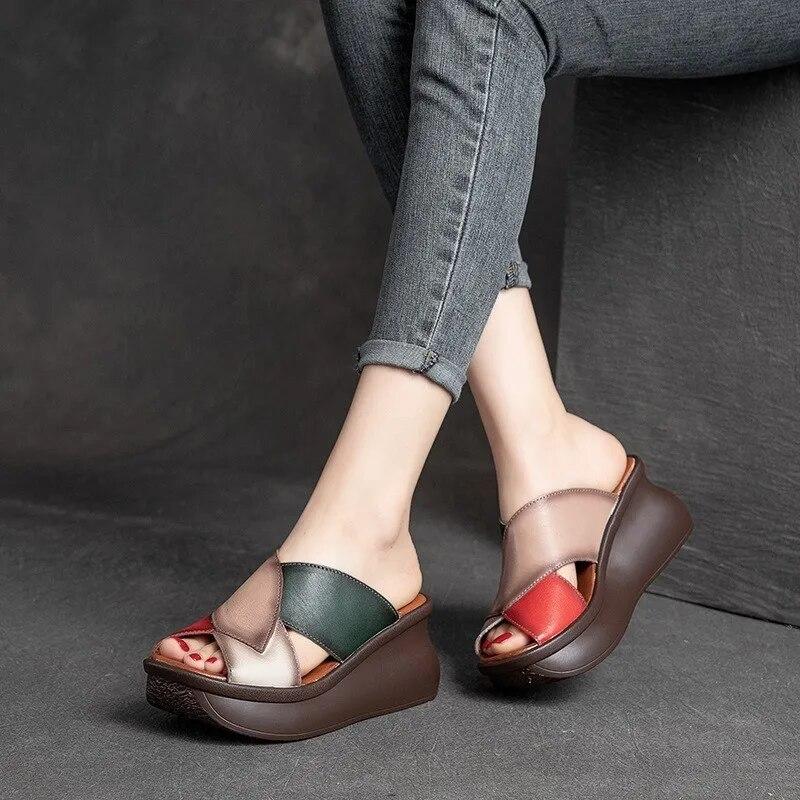 Johnature Retro Women Peep Toe Wedges Slippers Genuine Leather Thick Sole Slides Fashion Platform Shoes