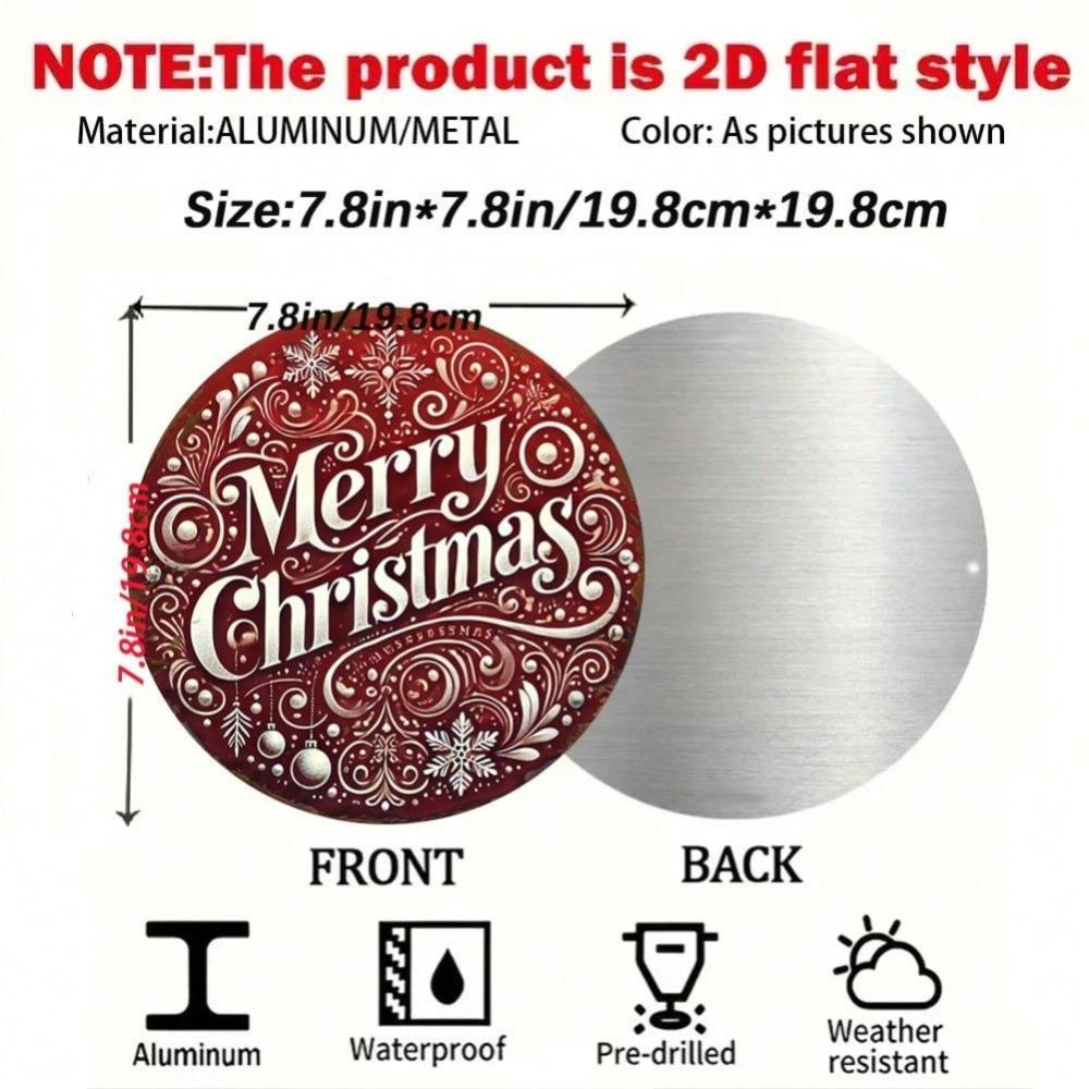 Vintage Christmas Wreath Metal Wall Art Burgundy Red Golden Holiday Decor Round Aluminum Sign Merry Christmas Home Office Party Decoration