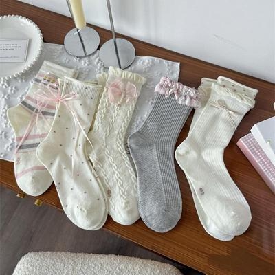 Women's Summer Thin Style Solid Color Twist Lace Bow In The Tube Pile Socks