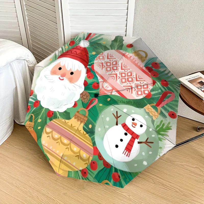 1pc Christmas ornaments and snowman illustration. Umbrella with Plastic Handle,Suitable for All Seasons Home Travel Outdoor UmbrellaDD226