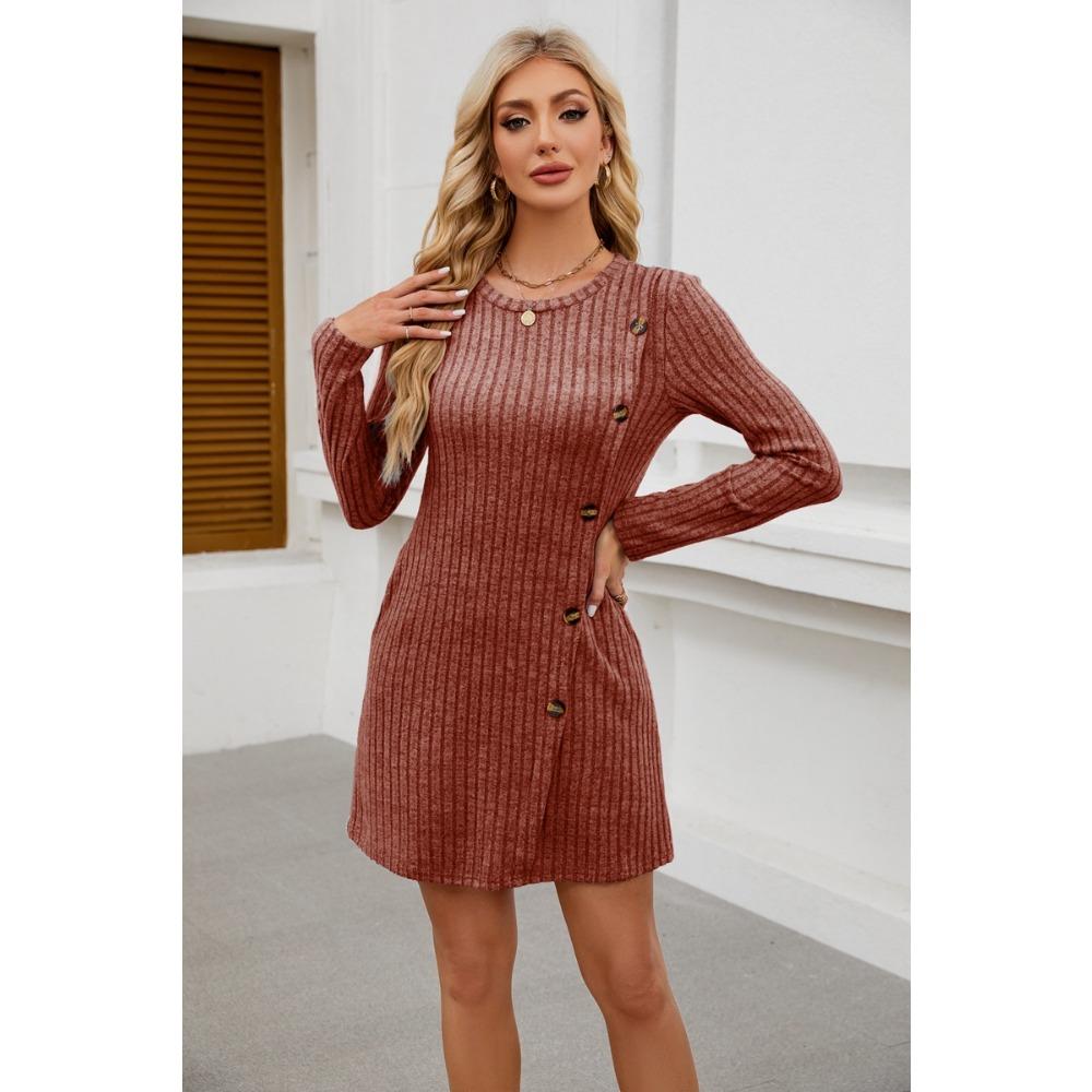 Women's Round Neck Side Button Pocket Long Sleeved Waist Tied Dress
