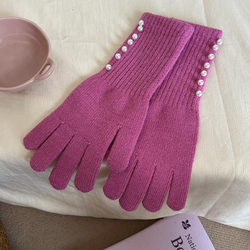 Korean Style Autumn/Winter Pearl Fingerless Touchscreen Wool Gloves for Women