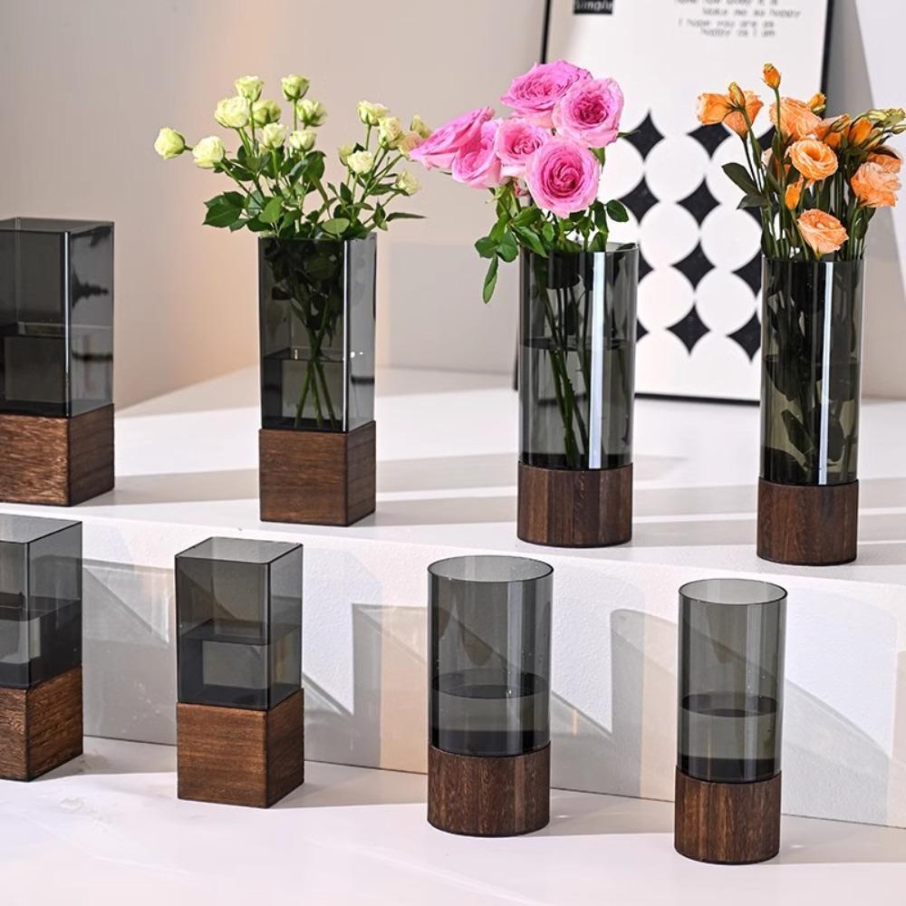 Wooden Base Acrylic Flowers Vase Transparent Light Luxury Vase Simple Hydroponic Vase  Living Room