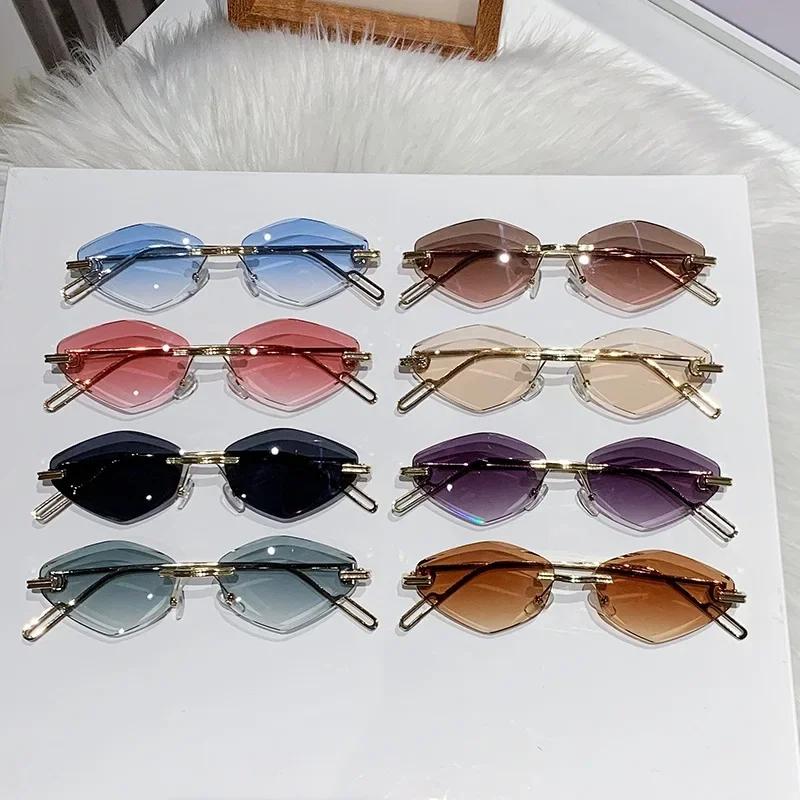 Fashionable Ladies Unisex Frameless Sunglasses Edge Cut Design Slimming Effect Sun Protection High-End Sensation Trendy Eyewear