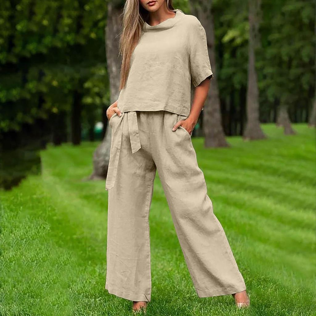 European & American Plus Size Women's Casual Summer Two-Piece Set with Short Sleeve Round Neck