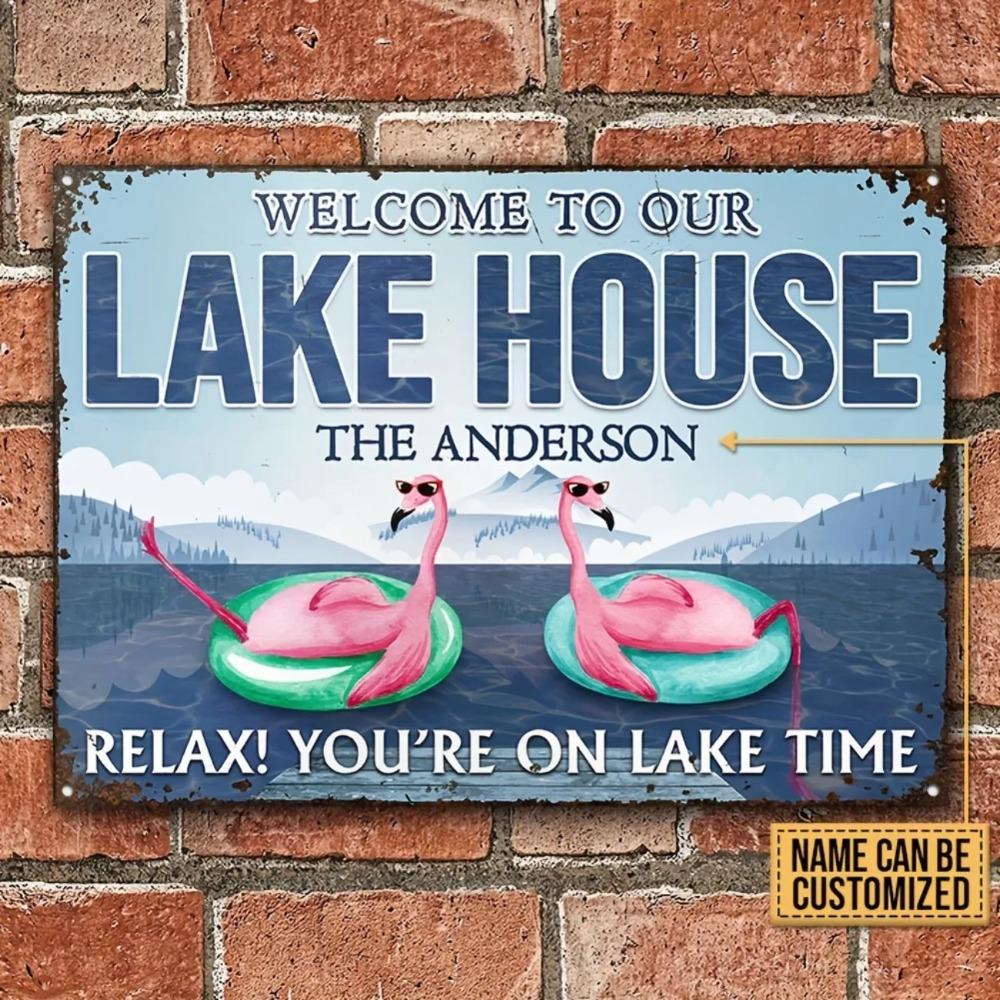 Customizable Flamingo Lake House Metal Sign Yard Welcome Home Decor