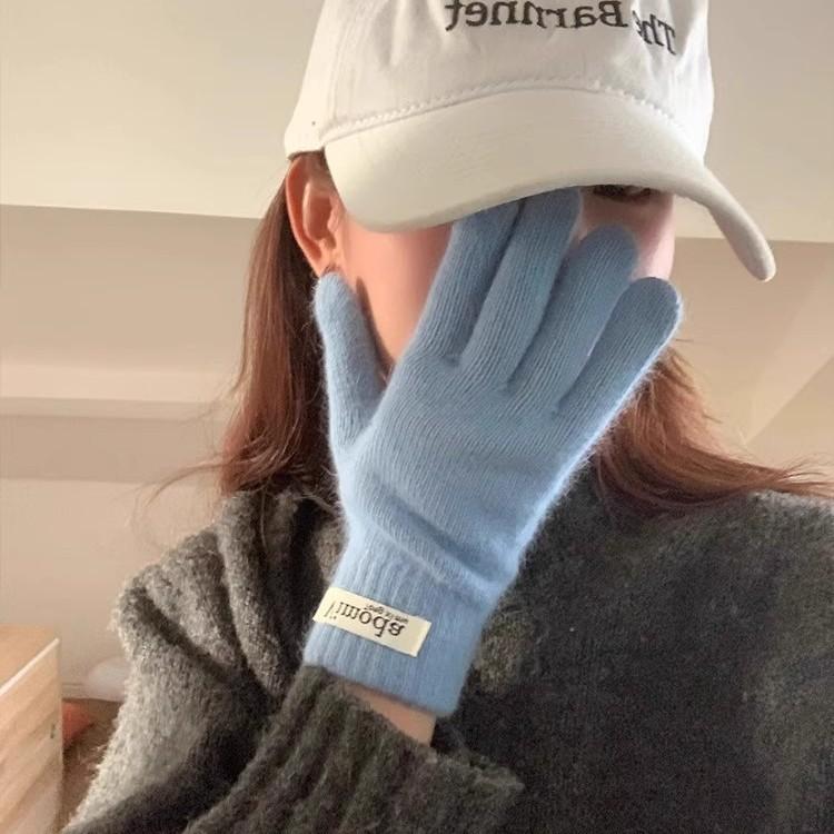 Fashion knitted thermal gloves female students solid color driving simple leaking finger warm gloves