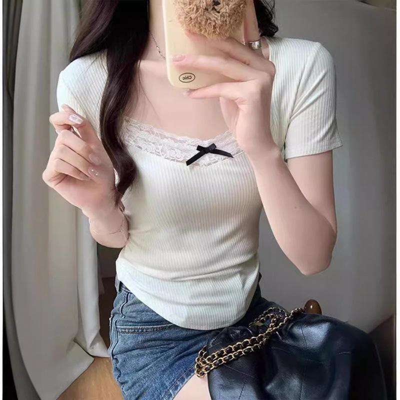 

* Summer Women s BM Style Spice Girls Pure Sexy Vintage Lace Splicing Slim Short Sleeve T-Shirt Top xl (recommended 57.5-65kg ) білий
