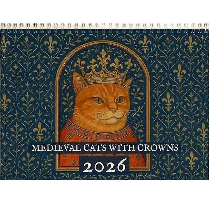 2026 12-Month Medieval Cats Crown Wall Calendar, Royal Feline Art for Home & Office Wall Decoration