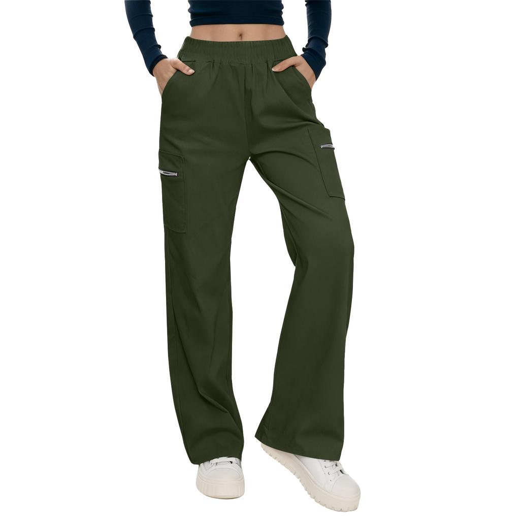 Women's Elastic Waist Button Cropped Trousers Summer Elegent Business Work Pants Wiht Pockets