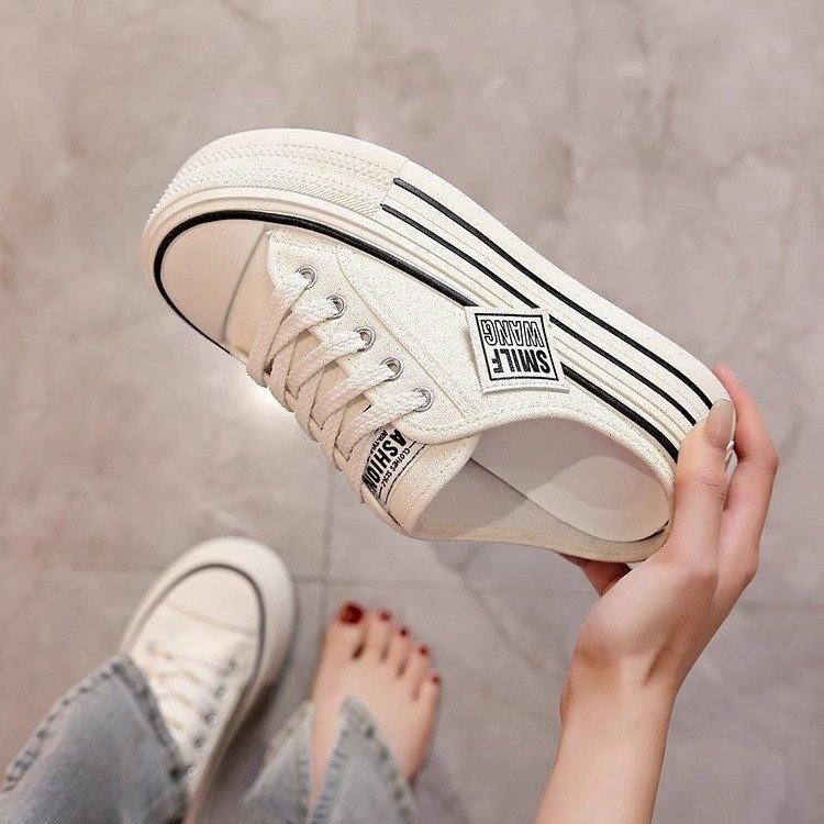Canvas half slippers women wear 5 spring new Internet celebrity explosion high sense thick bottom heightened no heel lazy