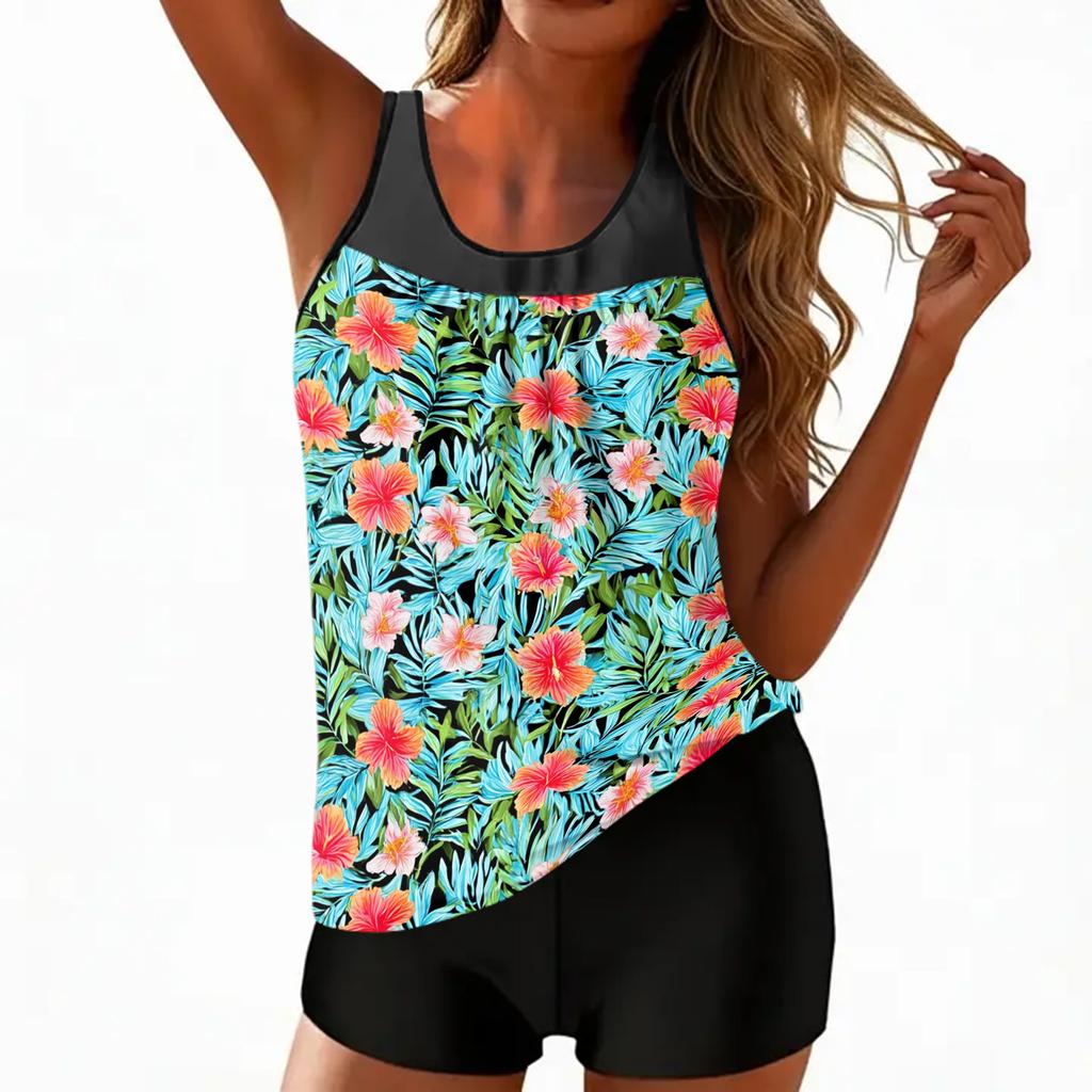 Women’s Floral Print Tankini Set with Sleeveless Top and Boyshorts Two Piece Swimsuit for Beach Pool Resort
