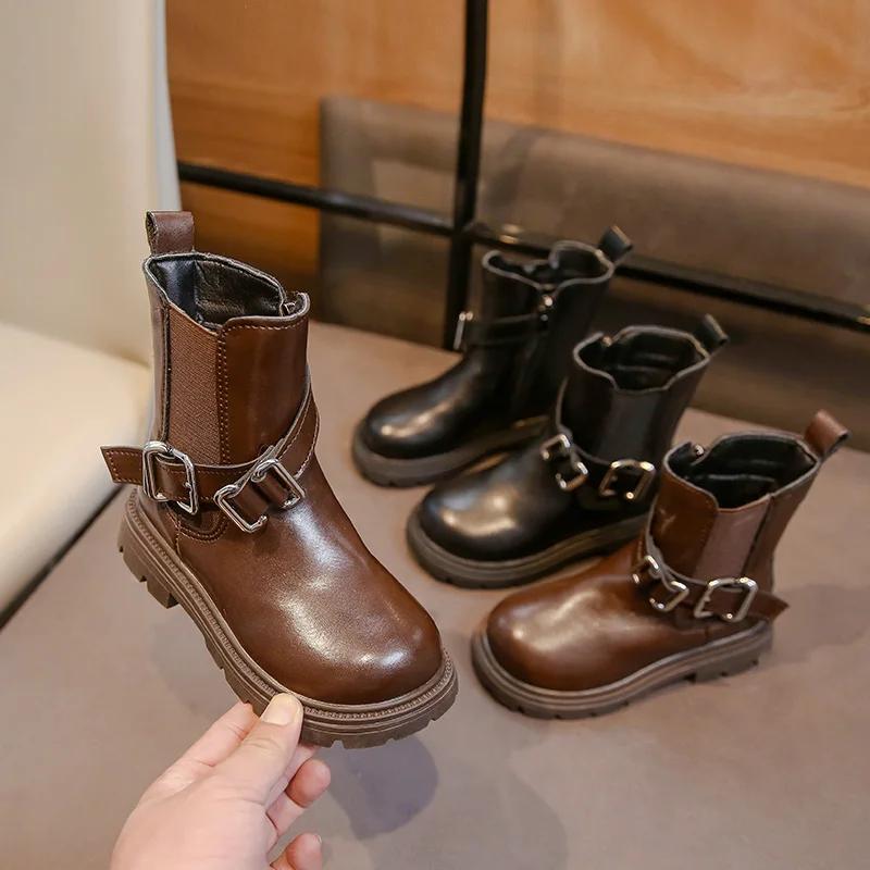 British Style Children's Boot Solid Color Round-toe Girls Platform Ankle Boots Side Zipper Winter Kids Fashion Cotton Boots New