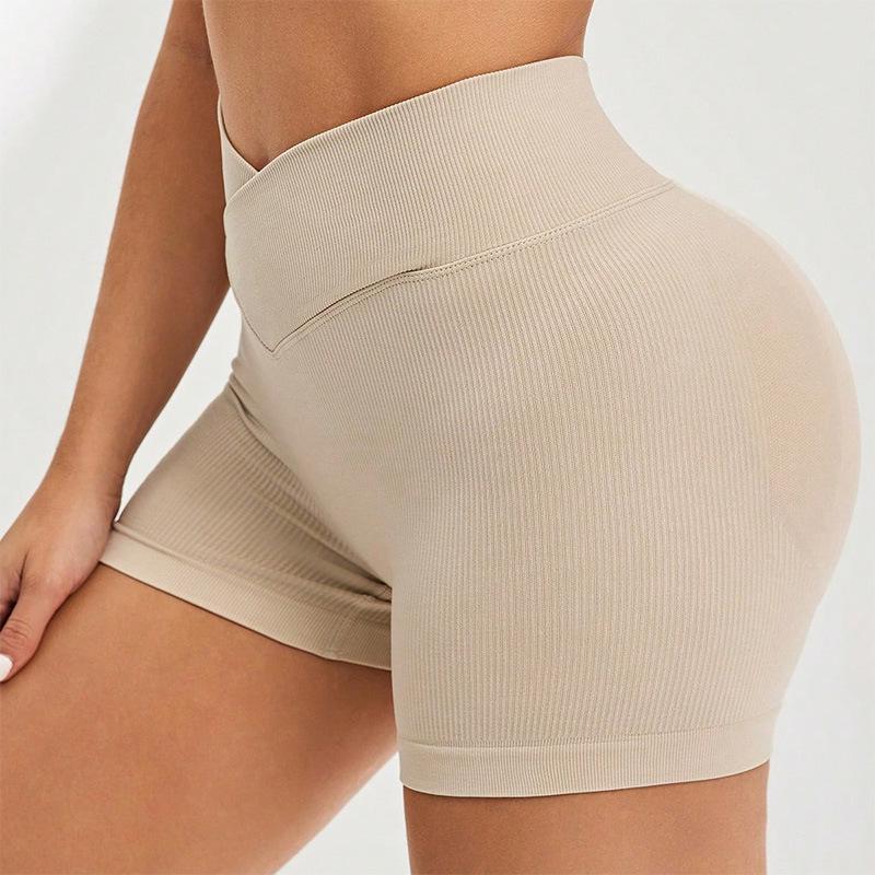 Women's Cross Waist Elastic Yoga Shorts with Peach Hip Design - Three-Quarter Length, Perfect for Running and Fitness