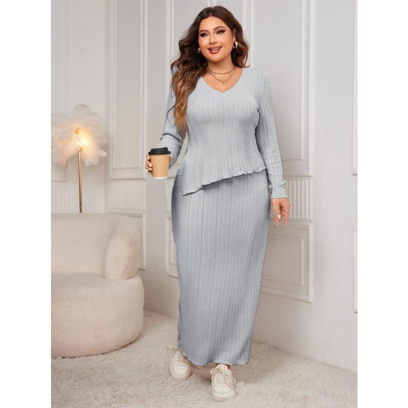 

Плюс Размер Свободный Модный Комплект Длинный Рукав Неровный Подол Пакет Платье Костюм XL серый