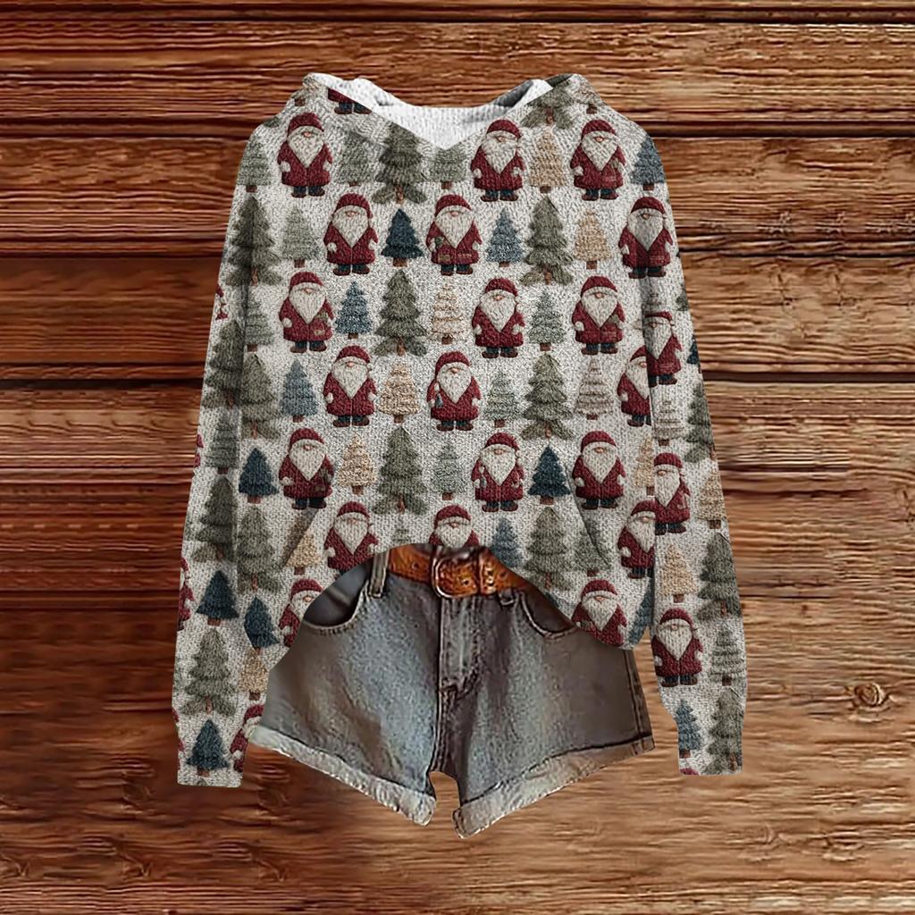 Women's Fashion Casual Long Sleeve Christmas Print Hooded Knitted Sweatshirt
