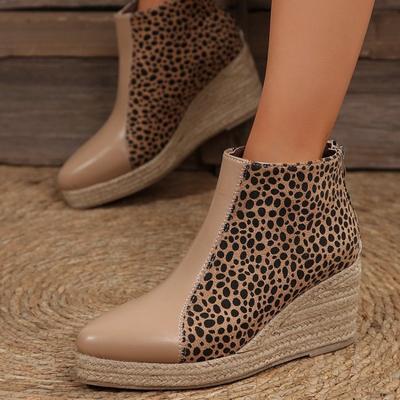 Stivali corti da donna con stampa leopardo e vento di grandi dimensioni, autunno e inverno, nuovi, con suola spessa, a zeppa, con cuciture, stivali alla moda