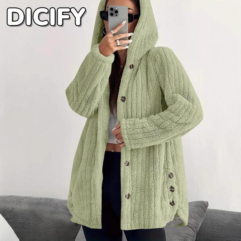 DICIFY ג'קטים ומעילים עם קפוצ'ון עם שרוולים ארוכים של נשים וינטג' סתיו חורף הדפס בצבע אחיד