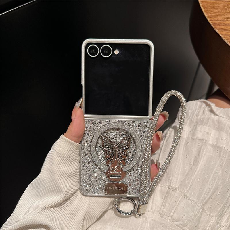 Fashion Glitter Cute Butterfly Stand Holder Phone Case for Samsung Galaxy Z Flip 7 FE 6 5 4 3 Flip6 Flip7 Cover with Chain Cases