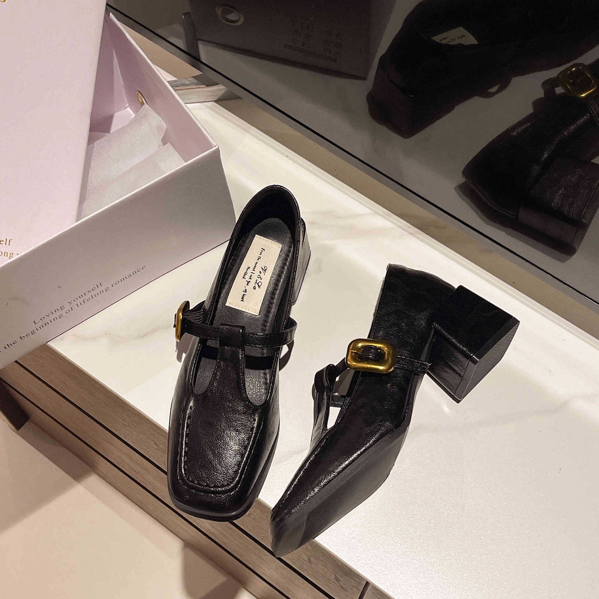 

Туфли-лодочки на толстом каблуке Niche Design, весенние и летние туфли с квадратным носком, кожаные туфли в стиле французской ретро-стиля «Мэри Джейн», женская обувь 39 чёрный