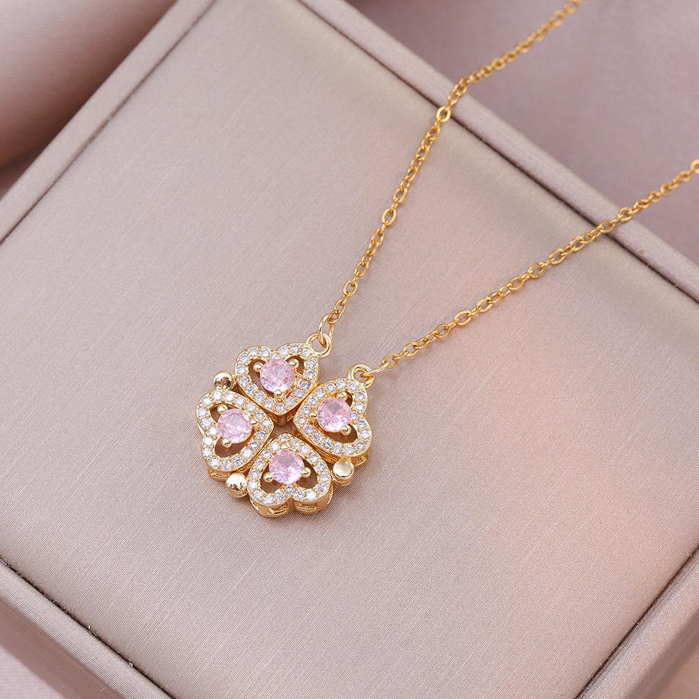Women's Japanese Korean Folding Fashion Two-Wearing Four-Leaf Flower Heart-to-Heart Clavicle Necklace Zircon Copper Water-Wave