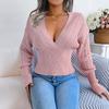 Women Autumn Winter High Waist Solid Color Pullover Sweater V Neck Hollow Bat Sleeve