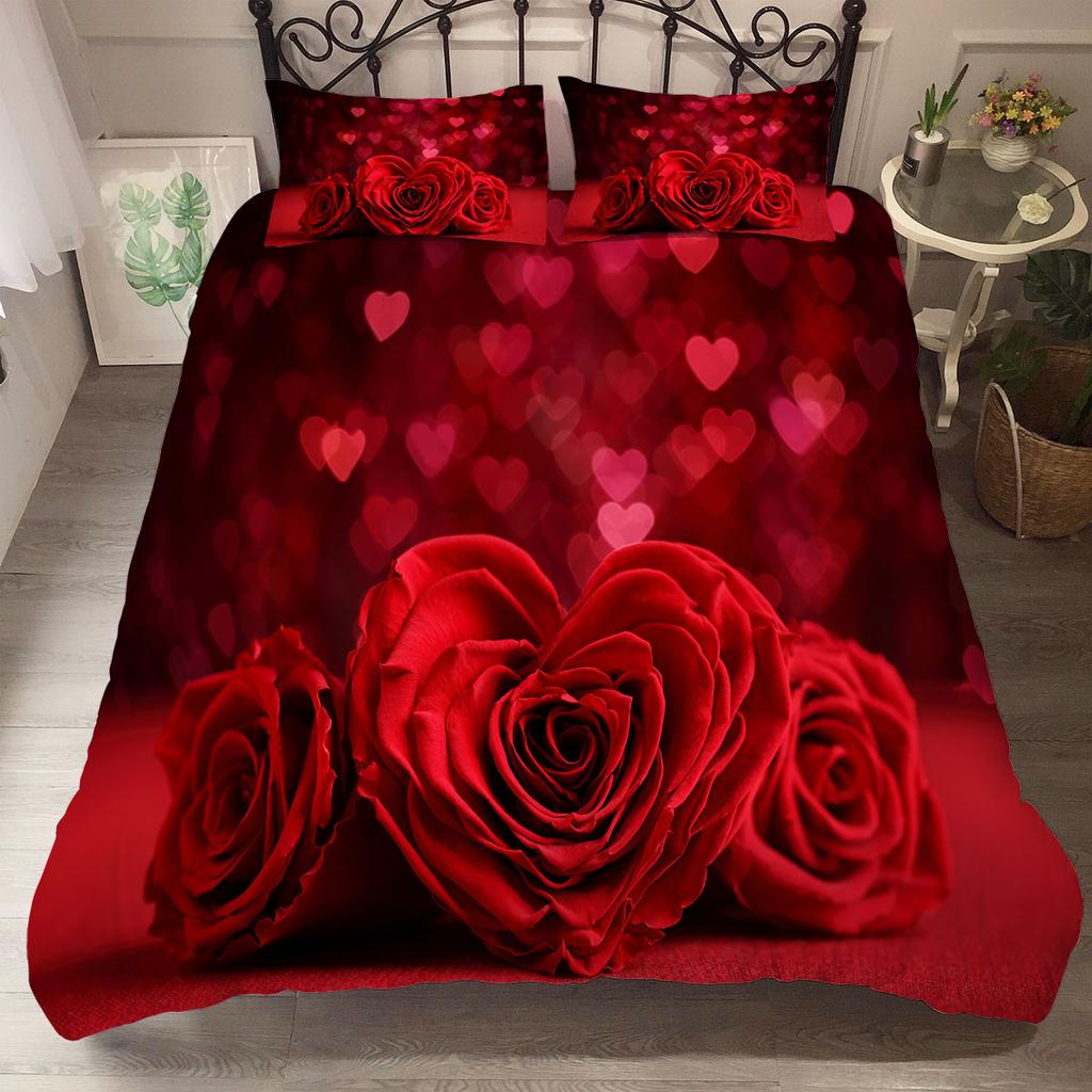 Red Rose King Queen Duvet Cover Romantic Flower Bedding Set Valentine's Day Quilt Cover Couples Floral Polyester Comforter Cover
