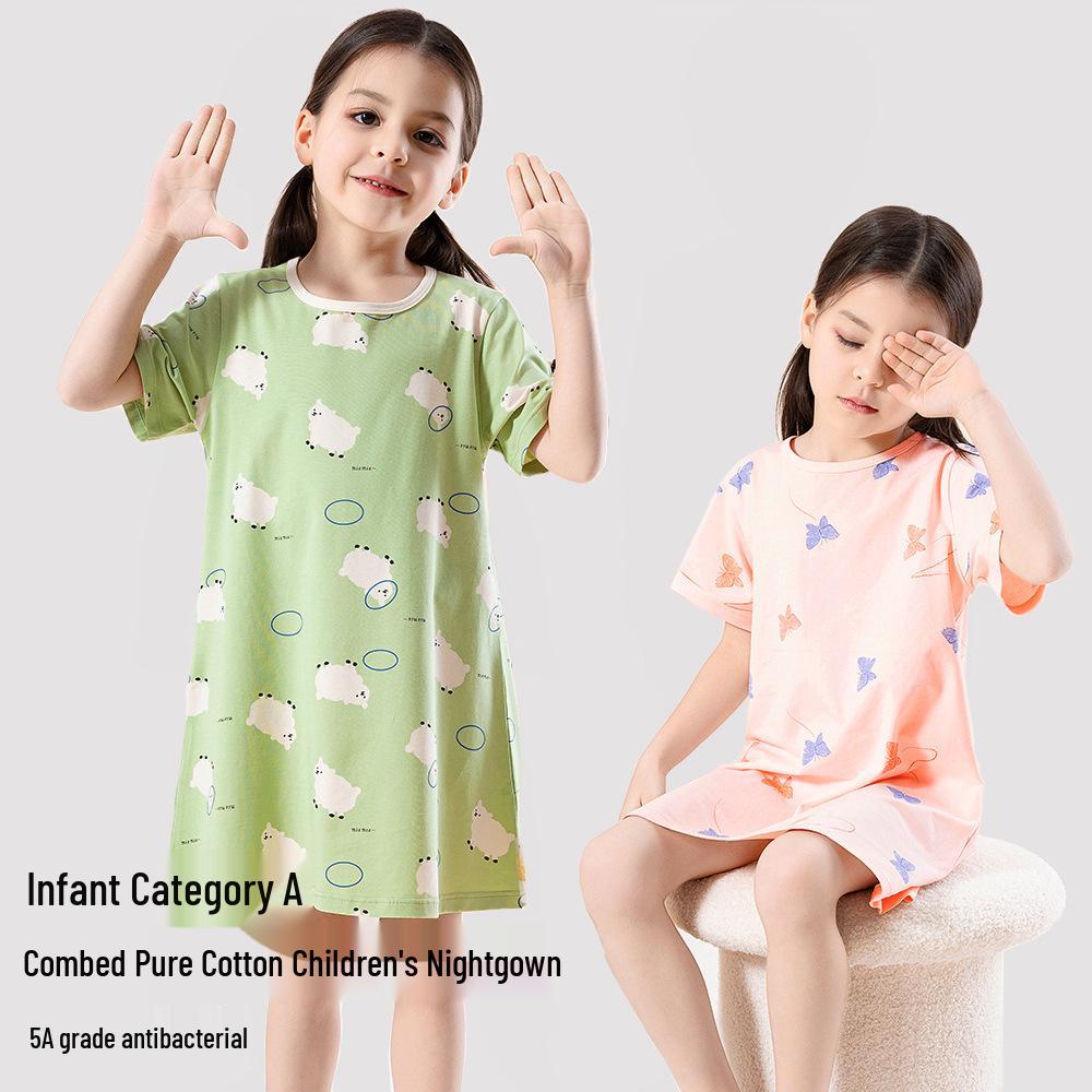 Girls' Antibacterial Cotton Cartoon Pajamas - Short Sleeve Summer Nightgown