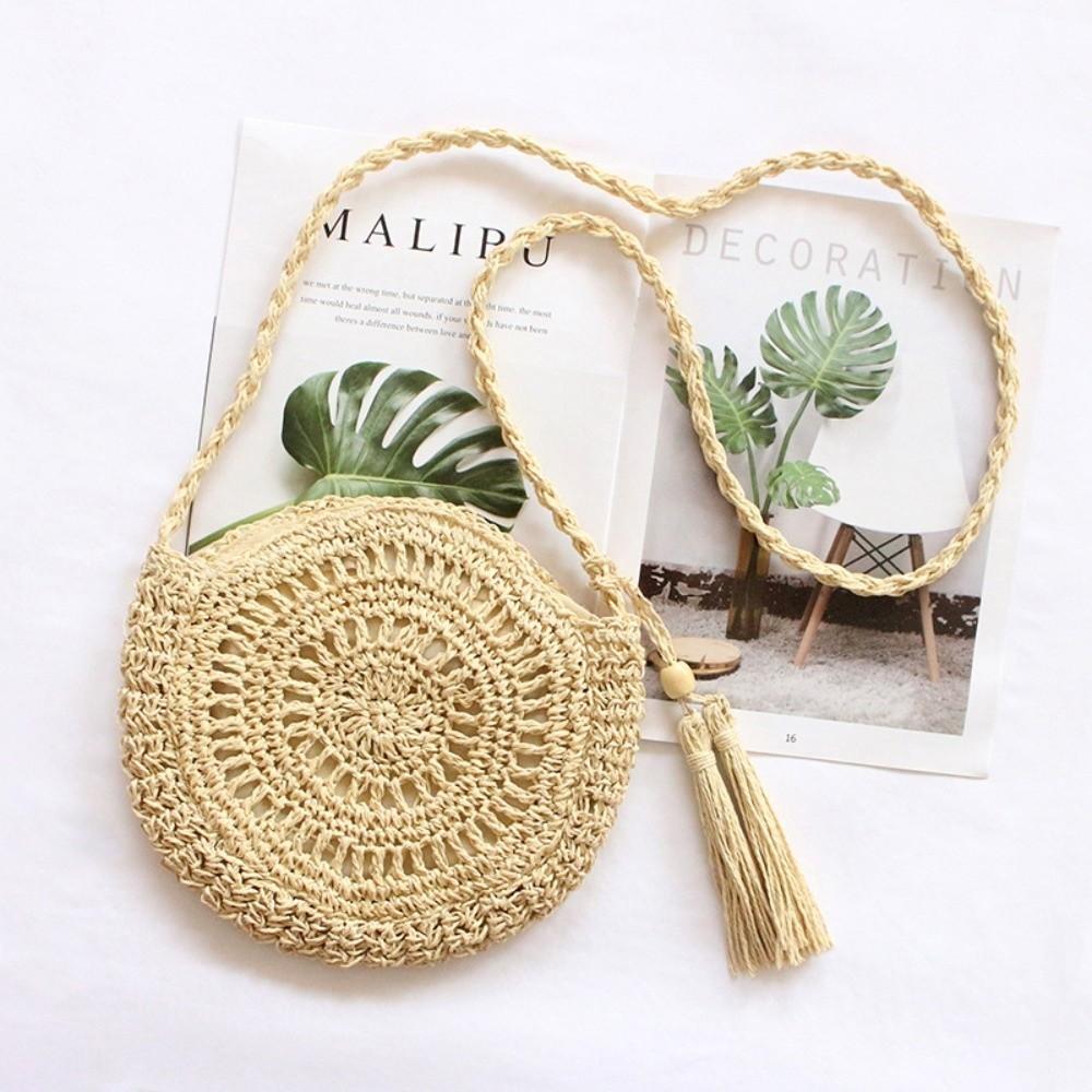 

Casual Straw Material Shoulder Bags Round Shape Beige Brown Crossbody Bag Hollow Out Tassel Decor Messenger Bag Beach Wear бежевый