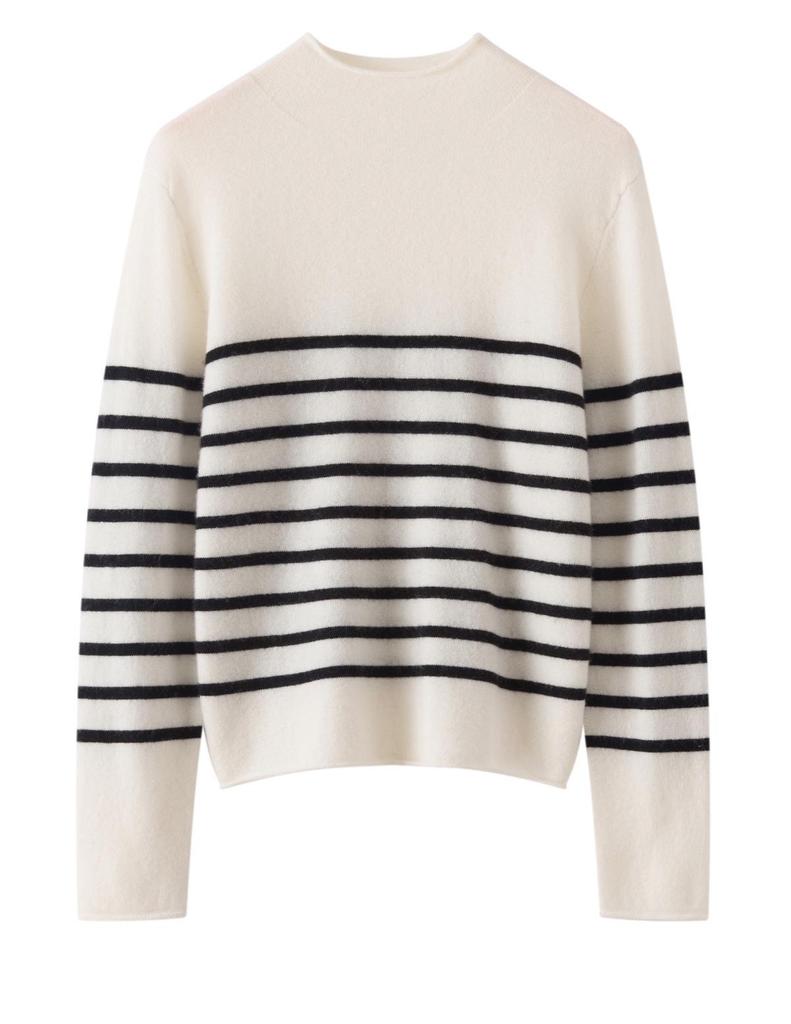 Women's Rolled Edge Striped Cashmere Sweater - Autumn/Winter Thin Knit, Loose Casual Wool Sweater